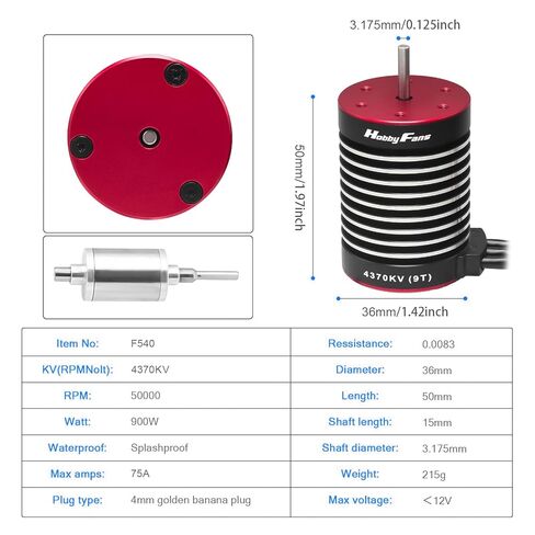 محرك بدون فرشاة F540 9T 4370KV من Hobby Fans، عمود 3.175 مم مع وحدة تحكم في السرعة الكهربائية ESC بدون فرش 60 أمبير مع مبدد حراري وبطاقة برمجة لشاحنة سيارة بجهاز تحكم عن بعد 1/10، أسود وأحمر in Kuwait