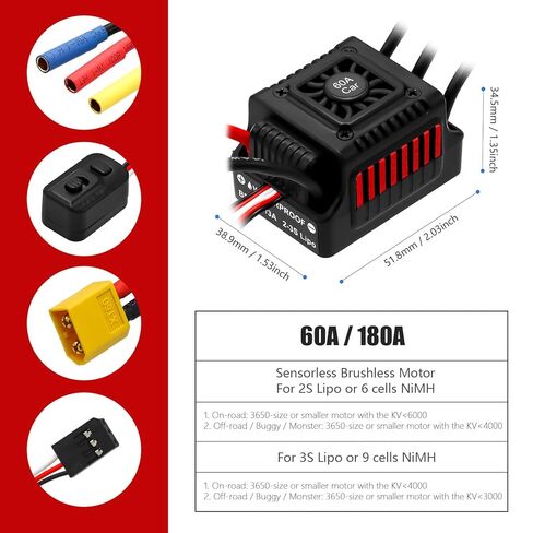محرك بدون فرشاة F540 9T 4370KV من Hobby Fans، عمود 3.175 مم مع وحدة تحكم في السرعة الكهربائية ESC بدون فرش 60 أمبير مع مبدد حراري وبطاقة برمجة لشاحنة سيارة بجهاز تحكم عن بعد 1/10، أسود وأحمر in Kuwait