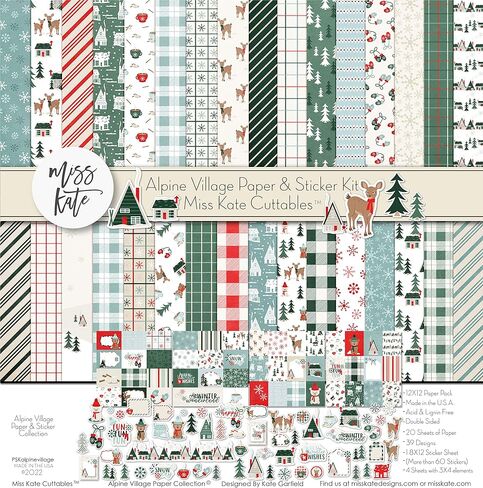 Miss Kate Cuttables Paper & Sticker Kit - Alpine Village - Winter - 20 Double-Sided 12x12 Papers with 39 Designs & 1 8X12 Sticker Sheet - Scrapbooking Card Making Crafting in Saudi Arabia