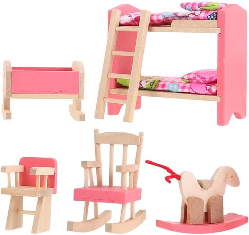 Garneck 1 12 Scale Wood Dollhouse Miniature Bunk Bed Furniture Set with Rocking Horse Crib Chair for Dolls Bedroom Accessories and Playhouse Decoration in Saudi Arabia
