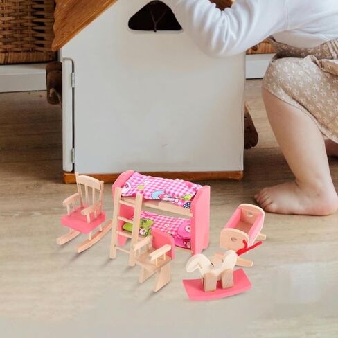 Garneck 1 12 Scale Wood Dollhouse Miniature Bunk Bed Furniture Set with Rocking Horse Crib Chair for Dolls Bedroom Accessories and Playhouse Decoration in Saudi Arabia
