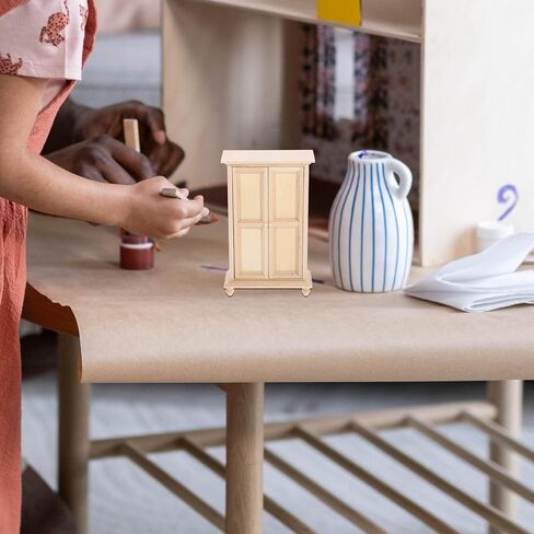 Veemoon Unfinished Wood Dollhouse Furniture, 1:12 Scale Unpainted Dollhouse Wardrobe Ornaments Mini Double Door Cabinet Model for Micro Scene Landscaping DIY Craft Decoration in Saudi Arabia