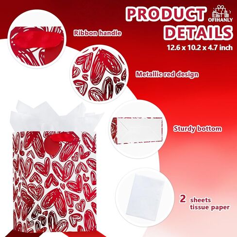 OFIHANLY 12.6" Medium Size Happy Valentine's Day Gift Bags with Handles for Women Men Red Heart Paper Gift Wrap Bags with Tissue Paper for Kids, 1 Pcs in Saudi Arabia