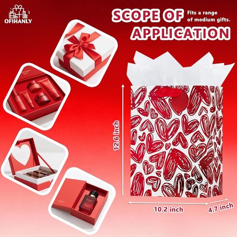 OFIHANLY 12.6" Medium Size Happy Valentine's Day Gift Bags with Handles for Women Men Red Heart Paper Gift Wrap Bags with Tissue Paper for Kids, 1 Pcs in Saudi Arabia