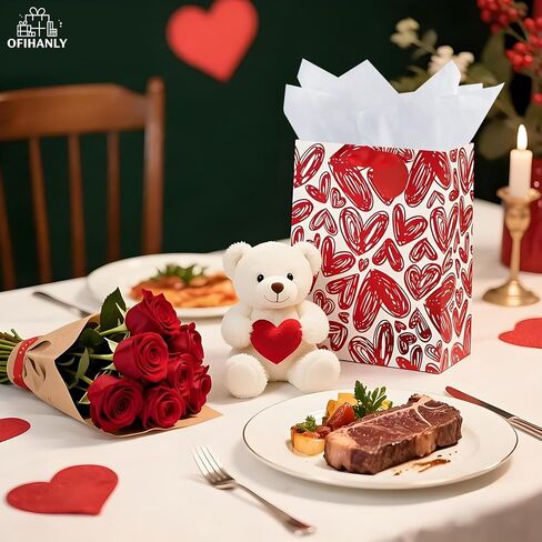 OFIHANLY 12.6" Medium Size Happy Valentine's Day Gift Bags with Handles for Women Men Red Heart Paper Gift Wrap Bags with Tissue Paper for Kids, 1 Pcs in Saudi Arabia