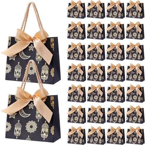 Marspark 30 Pcs Ramadan Mubarak Reusable Gift Bags with Bow, Black Gold Foil Stamping, Eid Lantern Treat Bags with Handles, Reusable Eid for Gifts Wrapping, Kareem Party Supplies, 14 * 6 * 12cm in Saudi Arabia