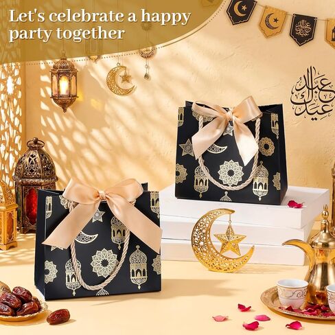 Marspark 30 Pcs Ramadan Mubarak Reusable Gift Bags with Bow, Black Gold Foil Stamping, Eid Lantern Treat Bags with Handles, Reusable Eid for Gifts Wrapping, Kareem Party Supplies, 14 * 6 * 12cm in Saudi Arabia