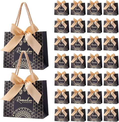 Marspark 30 Pcs Ramadan Mubarak Reusable Gift Bags with Bow, Black Gold Foil Stamping, Eid Lantern Treat Bags with Handles, Reusable Eid for Gifts Wrapping, Kareem Party Supplies, 14 * 6 * 12cm in Saudi Arabia
