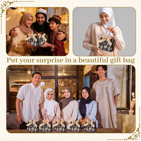 Marspark 30 Pcs Ramadan Mubarak Reusable Gift Bags with Bow, Black Gold Foil Stamping, Eid Lantern Treat Bags with Handles, Reusable Eid for Gifts Wrapping, Kareem Party Supplies, 14 * 6 * 12cm in Saudi Arabia