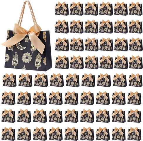 Marspark 30 Pcs Ramadan Mubarak Reusable Gift Bags with Bow, Black Gold Foil Stamping, Eid Lantern Treat Bags with Handles, Reusable Eid for Gifts Wrapping, Kareem Party Supplies, 14 * 6 * 12cm in Saudi Arabia