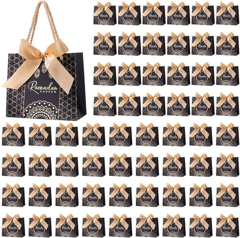Marspark 30 Pcs Ramadan Mubarak Reusable Gift Bags with Bow, Black Gold Foil Stamping, Eid Lantern Treat Bags with Handles, Reusable Eid for Gifts Wrapping, Kareem Party Supplies, 14 * 6 * 12cm in Saudi Arabia