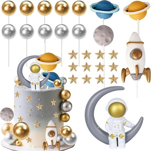 Rsstarxi Outer Space Cake Topper Decorations with Star Astronaut Rocket Cake Pick for Trip to the Moon Theme Baby Shower Kids Birthday Party DIY Cake Decorations Supplies in Saudi Arabia