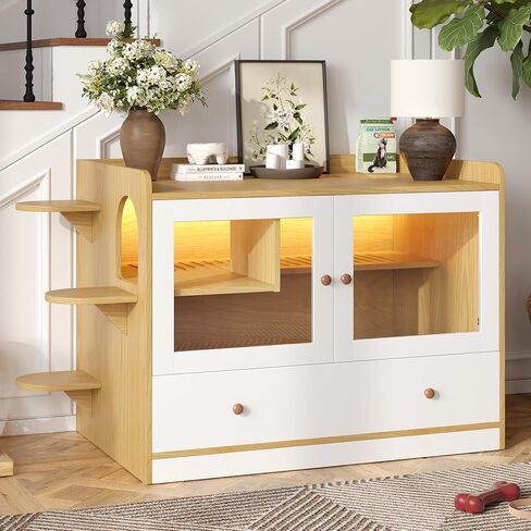 حاوية صندوق فضلات القطط الكبيرة مقاس 47.25 بوصة مع ضوء LED، وأثاث صندوق فضلات مخفي مع سلالم وعمود خدش، وطاولة جانبية لخزانة القطط مع أوضاع باب ذكية لغرفة المعيشة، باللون الأبيض in Kuwait