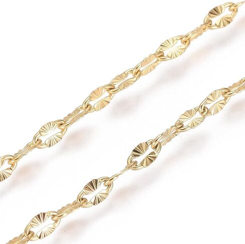 3.28 Feet(1m) 304 Stainless Steel Textured Dapped Chains, Flat Oval Cable Chains Soldered Golden Extender Chain for Women Necklace Bracelet Jewelry Making Chains, 4x2x0.5mm in Saudi Arabia