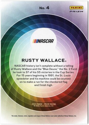 Rusty Wallace 2023 Panini Prizm Racing COLOR WHEEL (حالة نادرة SSP) Prizm Rare NASCAR بطاقة التداول القابلة للجمع #4 in Kuwait
