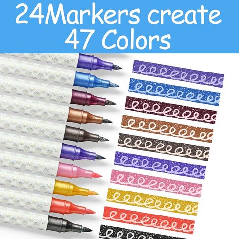 Glitter Changing Markers,24 Pack 47 Colors Sparkle Magic Markers Dual Tip Markers for Adult Art Supplies, Drawing Bullet Journal,Coloring books in Saudi Arabia