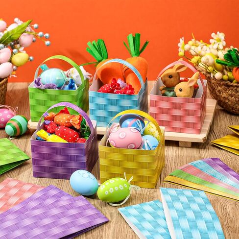 Hillban 60 Pcs 4 x 4 x 3 Inches Easter Basket Bulk with Handles Mini Easter Gift Bags Boxes Woven Reusable Snack Boxes for Egg Hunt Game Party Supplies Decorations Gifts Wrapping Spring Activities in Saudi Arabia