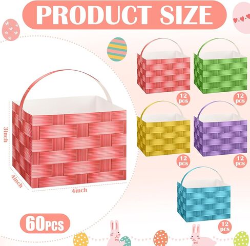 Hillban 60 Pcs 4 x 4 x 3 Inches Easter Basket Bulk with Handles Mini Easter Gift Bags Boxes Woven Reusable Snack Boxes for Egg Hunt Game Party Supplies Decorations Gifts Wrapping Spring Activities in Saudi Arabia