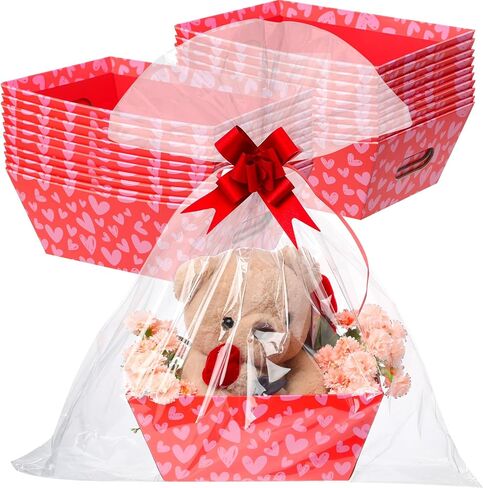 Zhanmai 12 Pcs Valentine's Day Baskets for Gifts Empty with Cellophane Bags and Ribbons, Valentine Heart Kraft Tray Cardboard Basket Empty to Fill for Holiday Birthday Wedding Party(Red) in Saudi Arabia