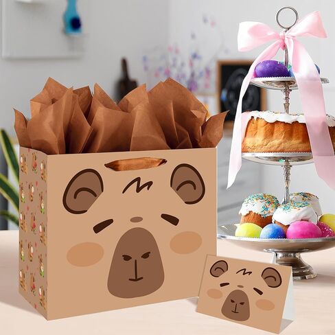 حقيبة هدايا عيد ميلاد كابيبارا من لانكيافسكريبت مع مناديل ورقية وبطاقة، لوازم تزيين الحفلات ذات طابع الحيوان البني in Kuwait