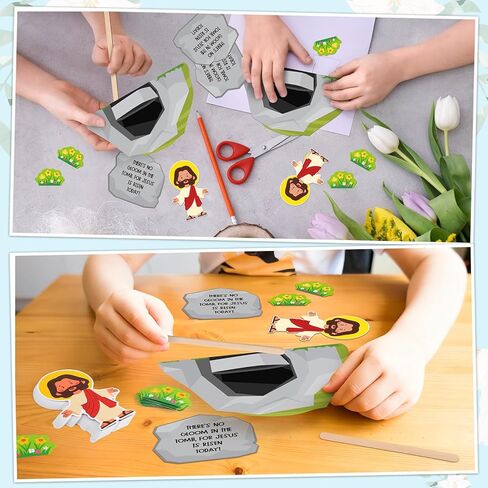Gersoniel 24 Sets Religious Easter Craft Kits Jesus is Risen Stick DIY Kit Jesus Resurrection Scene Christian Tomb Crafts for Easter Church VBS Sunday Activities Party Favor in Saudi Arabia