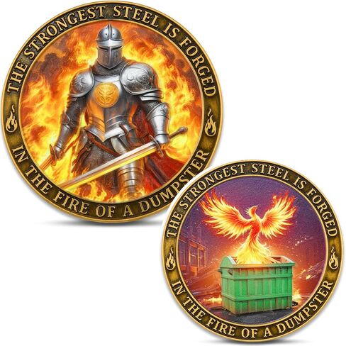عملة Dumpster Fire Challenge - Knight & Phoenix ذات الوجهين - أقوى فولاذ مصنوع من عملة Dumpster Fire - ترمز إلى المرونة والولادة in Kuwait