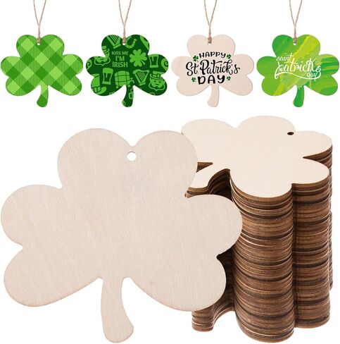 AWIZOM 72 Pcs Unfinished Wooden Shamrock Ornaments St. Patrick's Day Wooden Cutouts Blank Wood Shamrock to Paint Wood Clover Slices with Twine for DIY Crafts Tags Irish Holiday Hanging Decor,3.5x2.99 in Saudi Arabia