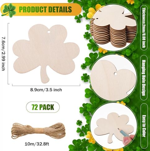 AWIZOM 72 Pcs Unfinished Wooden Shamrock Ornaments St. Patrick's Day Wooden Cutouts Blank Wood Shamrock to Paint Wood Clover Slices with Twine for DIY Crafts Tags Irish Holiday Hanging Decor,3.5x2.99 in Saudi Arabia