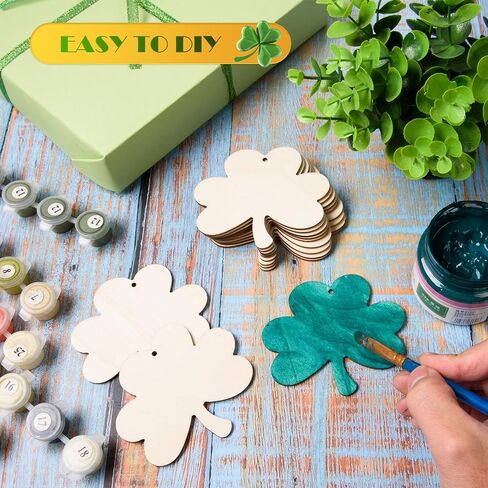 AWIZOM 72 Pcs Unfinished Wooden Shamrock Ornaments St. Patrick's Day Wooden Cutouts Blank Wood Shamrock to Paint Wood Clover Slices with Twine for DIY Crafts Tags Irish Holiday Hanging Decor,3.5x2.99 in Saudi Arabia