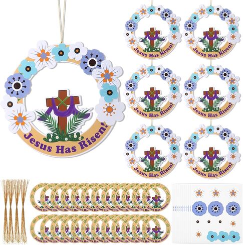 Motipuns 24 Pcs Religious Easter Crafts He is Risen Hanging Ornament Easter Resurrection Cross Wreath Hanging Decorations for Holy Week Christian Sunday School Bible Activities Church Home Decor in Saudi Arabia