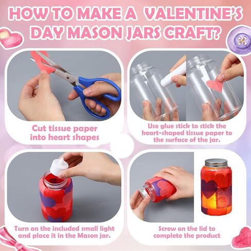 Qinyoung 12 Pcs Valentine's Day Mason Jars Crafts with LED Candle Light DIY Valentine's Day Craft Kits Make Your Own Mason Jars Supplies for Wedding Favors Home Party Favors in Saudi Arabia