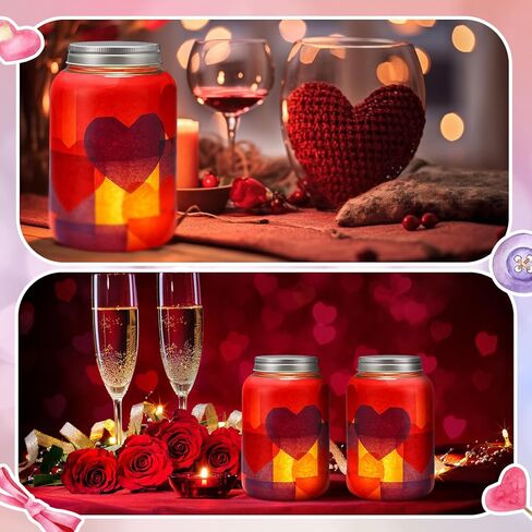 Qinyoung 12 Pcs Valentine's Day Mason Jars Crafts with LED Candle Light DIY Valentine's Day Craft Kits Make Your Own Mason Jars Supplies for Wedding Favors Home Party Favors in Saudi Arabia