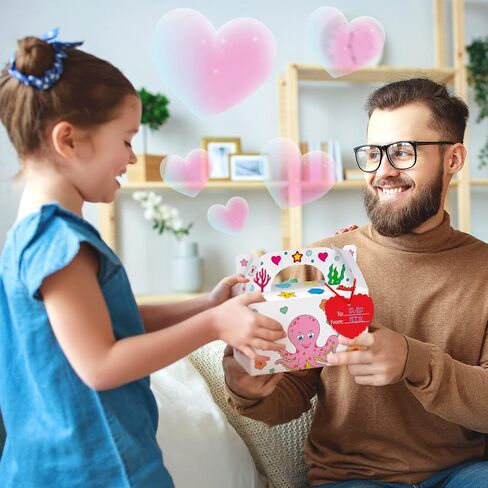 Ferraycle 48 مجموعة من صناديق هدايا عيد الحب يمكنك تلوينها بنفسك، صناديق هدايا مطبوعة على شكل حيوانات بحرية قابلة للطلاء مع 12 قلم تحديد و48 علامة قلب و48 شريطًا من الساتان للوازم المدرسية للأطفال in Saudi Arabia