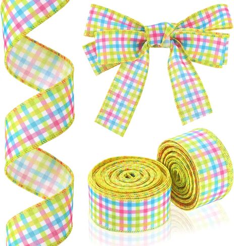 MTLEE 2 Pcs Easter Spring Pastel Wired Ribbon Rolls 1.5 Inch 20 Yards Easter Spring Pastel Wired Decorative Wrapping Ribbons for Gift Wreaths DIY Craft Gingham Plaid Decoration Ribbon Home Decor in Saudi Arabia