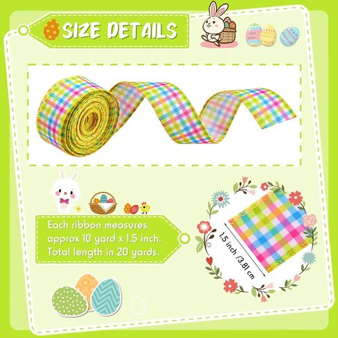 MTLEE 2 Pcs Easter Spring Pastel Wired Ribbon Rolls 1.5 Inch 20 Yards Easter Spring Pastel Wired Decorative Wrapping Ribbons for Gift Wreaths DIY Craft Gingham Plaid Decoration Ribbon Home Decor in Saudi Arabia