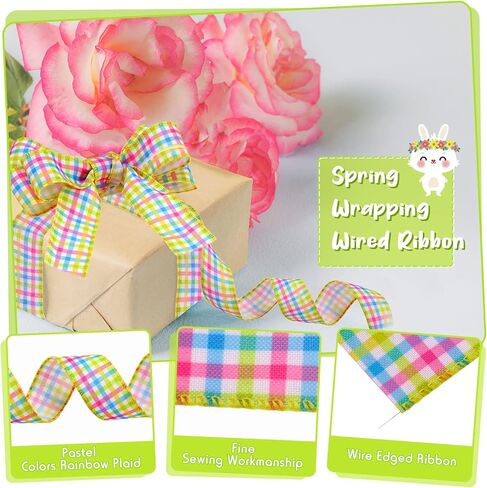 MTLEE 2 Pcs Easter Spring Pastel Wired Ribbon Rolls 1.5 Inch 20 Yards Easter Spring Pastel Wired Decorative Wrapping Ribbons for Gift Wreaths DIY Craft Gingham Plaid Decoration Ribbon Home Decor in Saudi Arabia