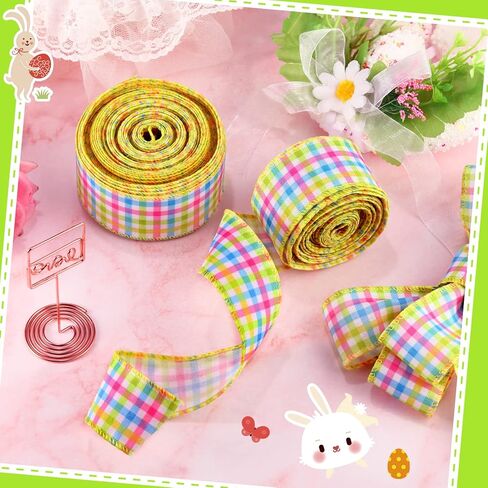 MTLEE 2 Pcs Easter Spring Pastel Wired Ribbon Rolls 1.5 Inch 20 Yards Easter Spring Pastel Wired Decorative Wrapping Ribbons for Gift Wreaths DIY Craft Gingham Plaid Decoration Ribbon Home Decor in Saudi Arabia