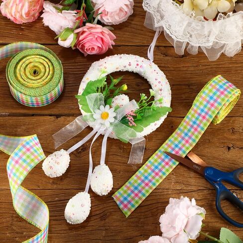 MTLEE 2 Pcs Easter Spring Pastel Wired Ribbon Rolls 1.5 Inch 20 Yards Easter Spring Pastel Wired Decorative Wrapping Ribbons for Gift Wreaths DIY Craft Gingham Plaid Decoration Ribbon Home Decor in Saudi Arabia