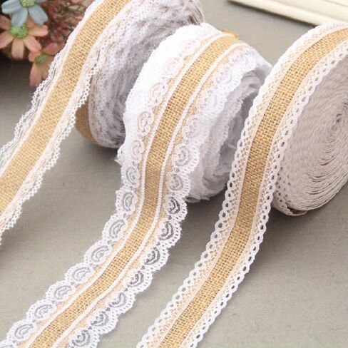 2Meter/Lot 25mm Natural Jute Burlap Hessian Lace Ribbon with White Lace Trim Edge Rustic Vintage Wedding Centerpieces Decor in Saudi Arabia