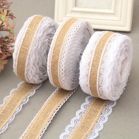 2Meter/Lot 25mm Natural Jute Burlap Hessian Lace Ribbon with White Lace Trim Edge Rustic Vintage Wedding Centerpieces Decor in Saudi Arabia