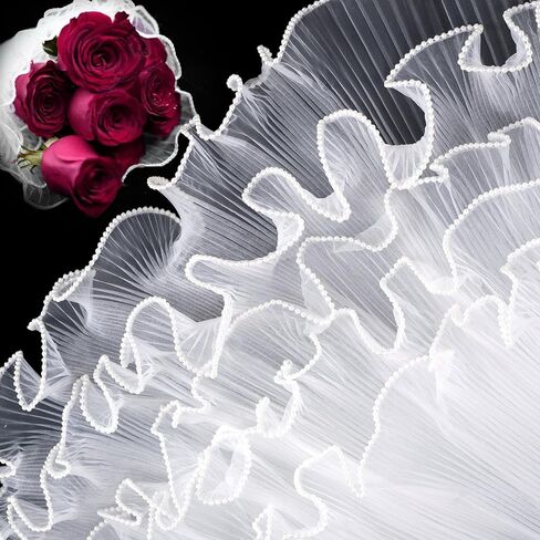 4.37 Yards White Pearl Edge Bouquet Wrapping Mesh, Flower Wrapping Paper Lace Trim for Women, Brides for Wedding Present Packaging, Christmas Decor, Florist Supplies, Parties in Saudi Arabia