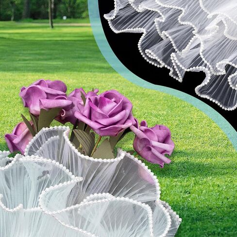 4.37 Yards White Pearl Edge Bouquet Wrapping Mesh, Flower Wrapping Paper Lace Trim for Women, Brides for Wedding Present Packaging, Christmas Decor, Florist Supplies, Parties in Saudi Arabia