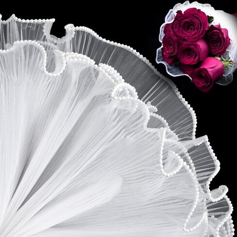 4.37 Yards White Pearl Edge Bouquet Wrapping Mesh, Flower Wrapping Paper Lace Trim for Women, Brides for Wedding Present Packaging, Christmas Decor, Florist Supplies, Parties in Saudi Arabia