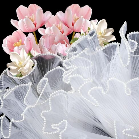 4.37 Yards White Pearl Edge Bouquet Wrapping Mesh, Flower Wrapping Paper Lace Trim for Women, Brides for Wedding Present Packaging, Christmas Decor, Florist Supplies, Parties in Saudi Arabia