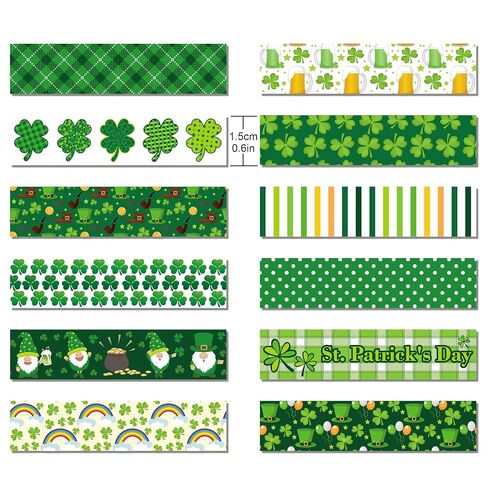 12 Rolls St. Patrick's Day Washi Tape - Green Shamrock, Clover, Plaids, and Lucky Holiday Designs for Irish Party Decorations, Scrapbook, Gift Packing, DIY Craft Projects, Holiday Paper Tape Stickers in Saudi Arabia