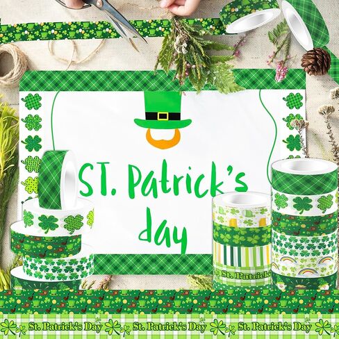 12 Rolls St. Patrick's Day Washi Tape - Green Shamrock, Clover, Plaids, and Lucky Holiday Designs for Irish Party Decorations, Scrapbook, Gift Packing, DIY Craft Projects, Holiday Paper Tape Stickers in Saudi Arabia