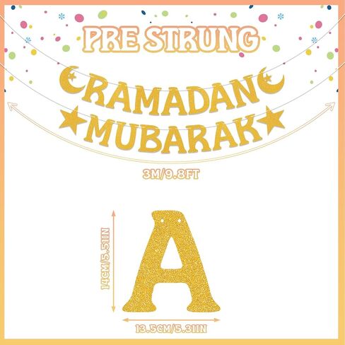 ديكورات رمضان - لافتة رمضان مبارك ذهبية لامعة مع علامات هلال ونجمة، لوازم الحفلات الإسلامية للمنزل، المسجد، مربوطة مسبقًا in Kuwait