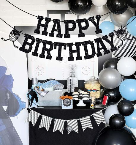 Ice Hockey Happy Birthday Banner, Boy Girl Ice Hockey Birthday Party Decorations, Hockey Fans Bday Decoration Supplies, Sport Themed Bday Banner Black Glitter in Saudi Arabia