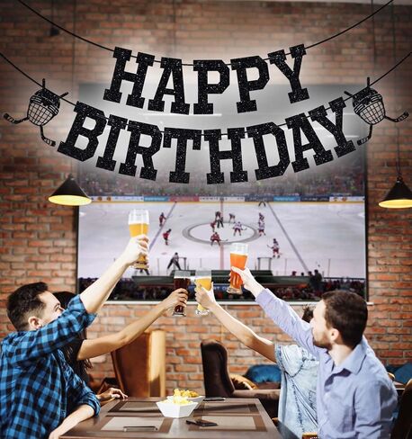 Ice Hockey Happy Birthday Banner, Boy Girl Ice Hockey Birthday Party Decorations, Hockey Fans Bday Decoration Supplies, Sport Themed Bday Banner Black Glitter in Saudi Arabia