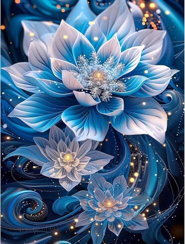 Skyboda Lotus 5D مجموعات الطلاء الماسي للبالغين، طقم فني ماسي للزهور الزرقاء للمبتدئين، نقاط ماسية دائرية كاملة مع أحجار كريمة فنية لتزيين جدران المنزل مقاس 12 × 16 بوصة in Kuwait